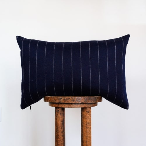 Navy with White Stripes Wool Lumbar Pillow 16x24 | Pillows by Vantage Design