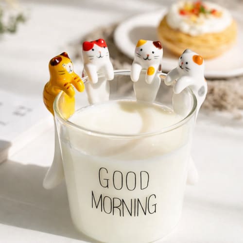 Ceramic Cat Shaped Tea Spoon Set – 4 Colors, Hang-on Cup Design | Utensils by 4AM Product Design
