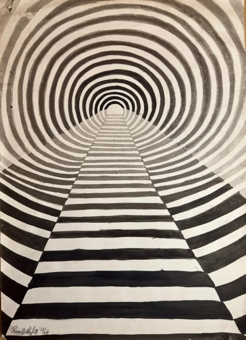 Tunnel of Illusion - Original Ink Painting - Geometric Op Art | Mixed Media in Paintings by Eman's Gallery