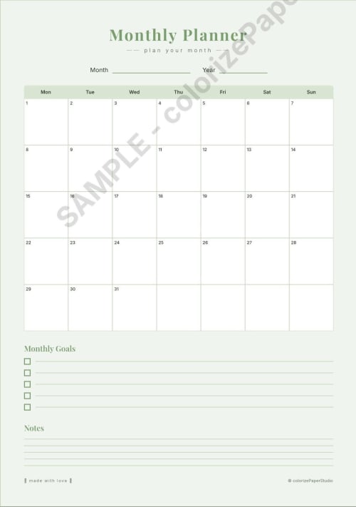 Printable Monthly Planner A4 | 5 Color Themes | Minimalist Undated Planner | Instant Download PDF | Calendar Planner Insert | Gift Cards by Colorize Paper Studio