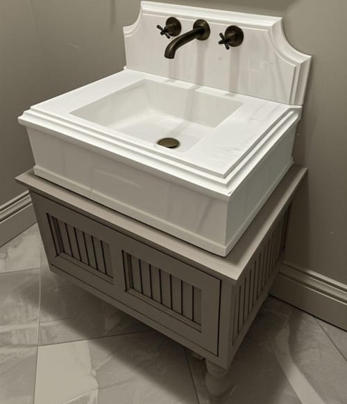 Modern-Minimalist Carrara Marble Sink with Backsplash: Timeless Elegance and Radiance for Your Bathroom | Water Fixtures by AYMARBLEDESIGN LLC