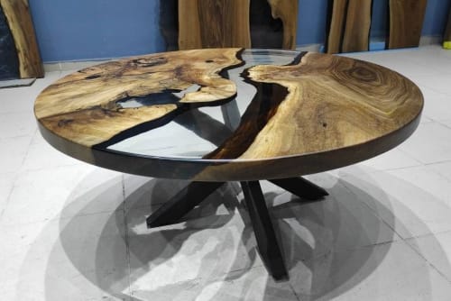 Custom 40" Diameter, Round Walnut Wood, Clear Epoxy Dining | Tables by LuxuryEpoxyFurniture
