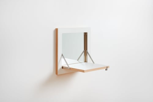 Wall Mounted Vanity Mirror | Fläpps Vanity Mirror | Folding Makeup Mirror with Shelf, Birch Plywood, Black | Storage by AMBIVALENZ