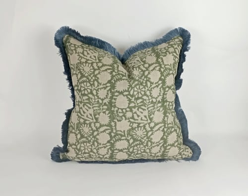 green block print pillow, green floral pillow, green block | Pillows by Velvet Fringe