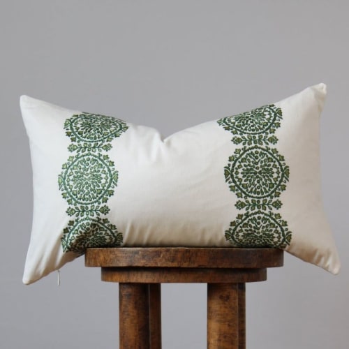 White Cotton with Embroidered Green Floral Medallion Pattern | Pillows by Vantage Design