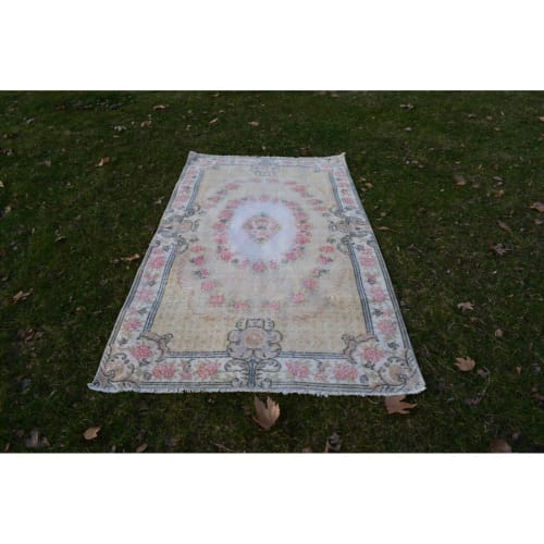 Hand Knotted Faded Yellow Wool Turkish Sparta Rug | Rugs by Vintage Pillows Store