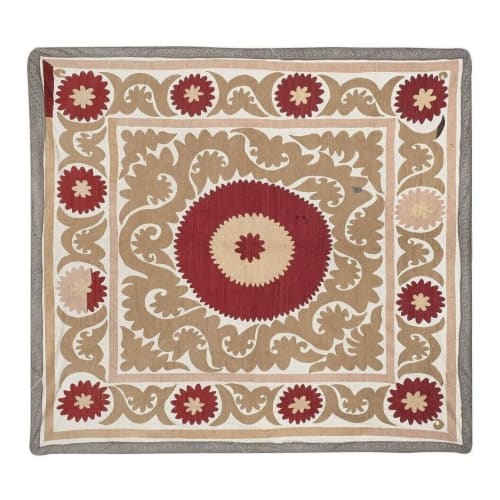 Suzani White Washed Pastel Tapestry -Brown Uzbek Table | Wall Hangings by Vintage Pillows Store