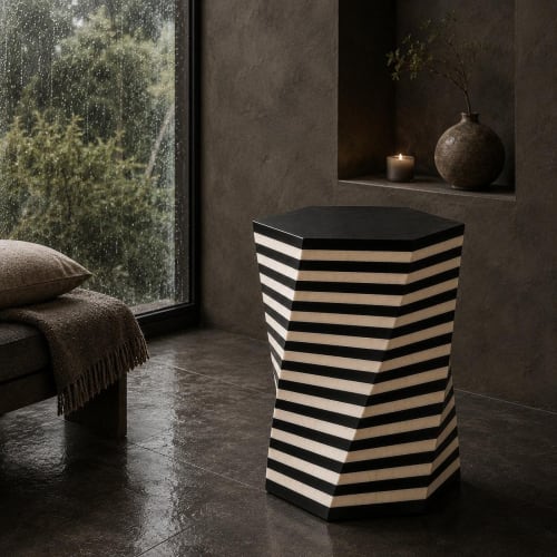 Hexagon Bone Inlay Side Table, Black Ivory Striped Column Accent Table | Tables by IKKAZA