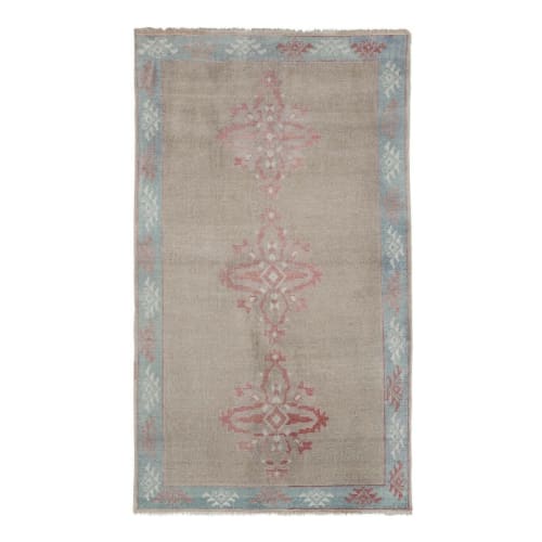 Distressed Area Rug Hand Knotted Colorful Low Pile Oushak | Rugs by Vintage Pillows Store