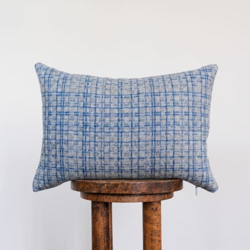 Grey Wool with Navy Plaid Stripes Lumbar Pillow 14x20 | Pillows by Vantage Design