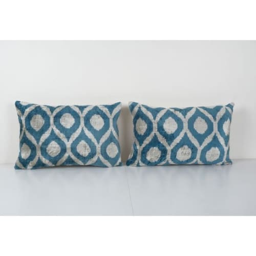 Sky Blue Ikat Velvet Pillow, Set of Two Silk Lumbar Cushion | Pillows by Vintage Pillows Store