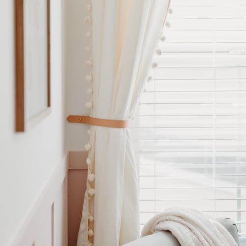 Leather Curtain Tieback [V'ed End] | Strap in Storage by Keyaiira | leather + fiber | Artist Studio in Santa Rosa