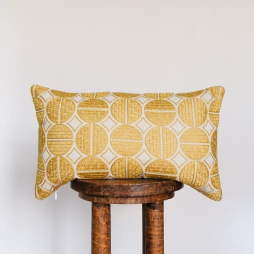 Natural Linen with Embroidered Golden Circles 12x20 | Pillows by Vantage Design
