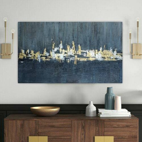 Abstract cityscape Minimalist Gold Leaf Painting ,Gray Navy | Oil And Acrylic Painting in Paintings by Serge Bereziak (Berez)