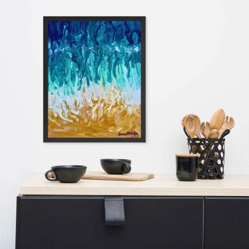 Framed Paper Print - Good Tidings - Fluid Blue Gold | Work by Eman's Gallery
