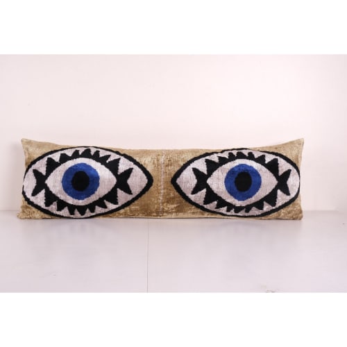 Gold Ikat Eye Velvet Pillow, Handwoven Silk Velvet Extra Lon | Pillows by Vintage Pillows Store
