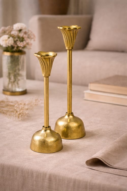 Bloom Fluted Taper Candle Holder — Antique Brass Finish | Decorative Objects by Raíz Studio