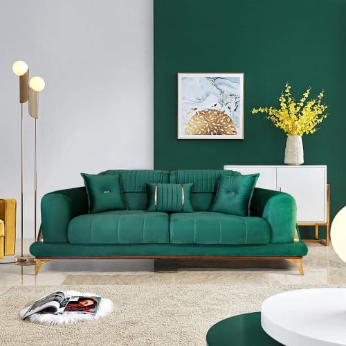 Un Myosotis , 87''  Round Arm Sofa, Emerald Green Velvet Uph | Couches & Sofas by Art De Vie Furniture