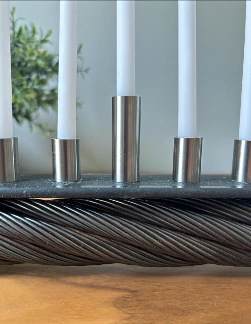 Reclaimed Ski Chairlift Cable Menorah: Industrial Steel, Cherry Wood Skier Gift | Candle Holder in Decorative Objects by industrial comfort
