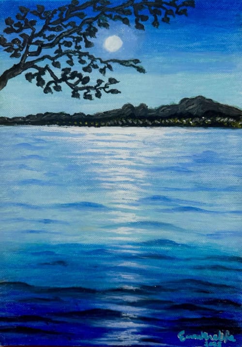 Nocturned - Framed Original Oil Pastel Drawing - Tonalism Moonlit Night Scene | Drawings by Eman's Gallery