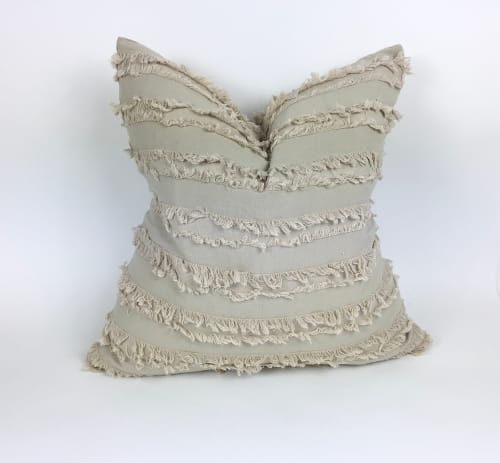 Neutral tassel pillow // Beige woven pillow // grey pom pom | Pillows by velvet + linen