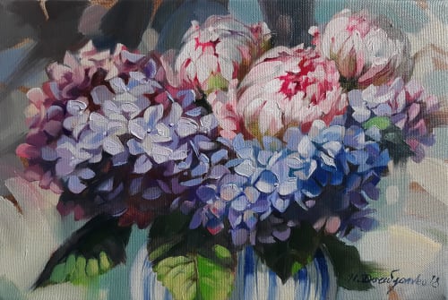 Hydrangea and peonies flowers in vase Original floral art | Oil And Acrylic Painting in Paintings by Natart