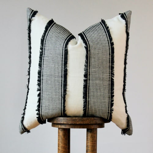 White with Black Stripes and Fringe Tassels Pillow 24x24 | Pillows by Vantage Design