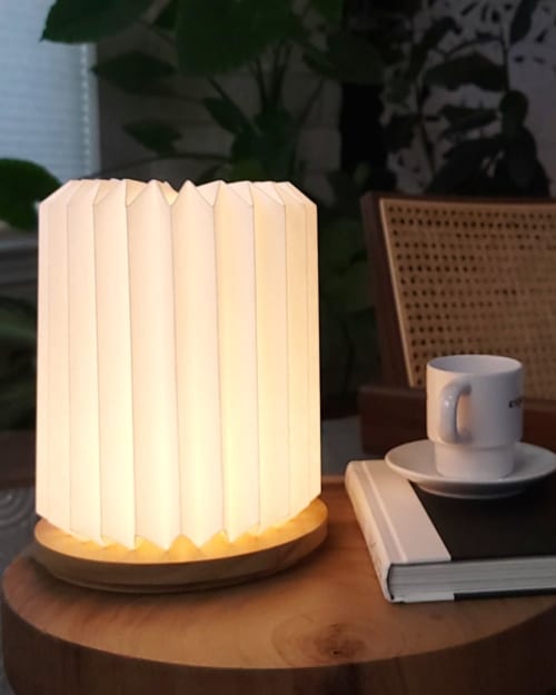 Pillar M - Modern origami table lamp, paper, wood | Lamps by Studio Pleat