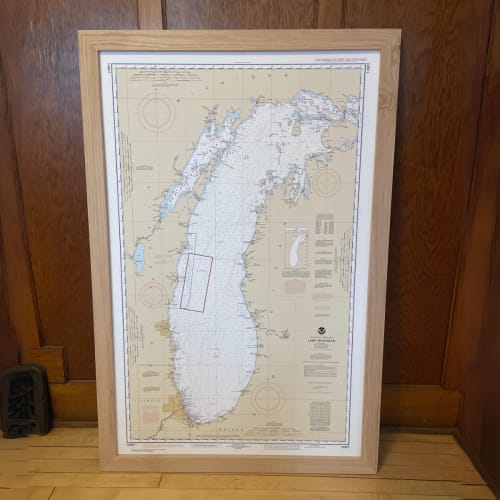 Nautical Chart of Lake Michigan with Hardwood Frame | Prints by Nordlanda Furniture
