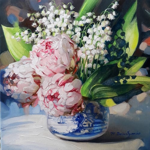 Peonies Lily of the valley painting original canvas art oil, | Paintings by Natart