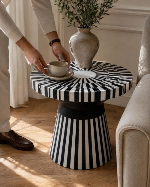 Black and White Bone Inlay Round Side Table, Striped Boho Accent Furniture | Tables by IKKAZA