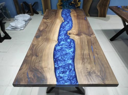 Dark Walnut Wood Metallic Blue River Epoxy Resin Dining | Tables by LuxuryEpoxyFurniture