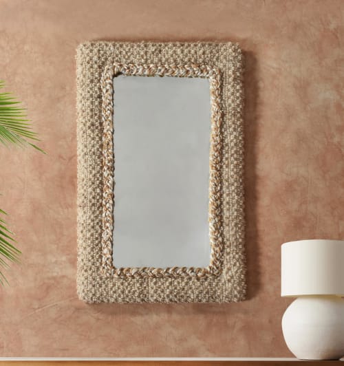 Beige Handwoven Wool Wall Mirror Modern Rustic Boho Decor for Living Room or Bedroom | Decorative Objects by Swiflo
