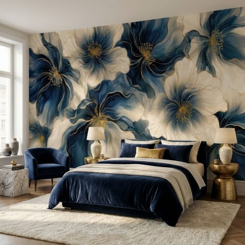 Linen and Blue Petals —  Bold Florals Luxury Wallpaper | Wall Treatments by ELLE WALLS