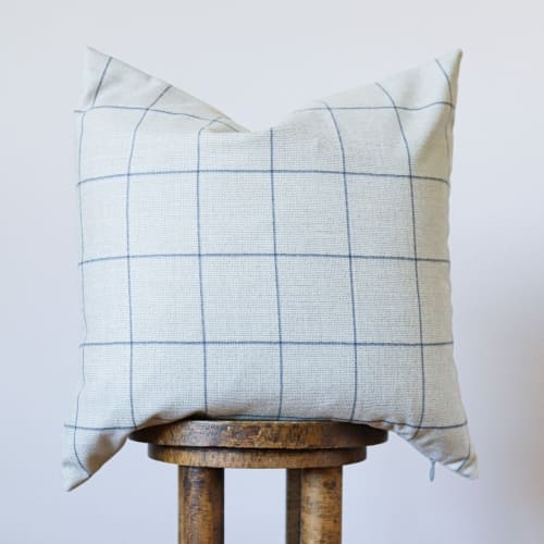 Grey Wool with Blue Plaid Stripes Pillow 20x20 | Pillows by Vantage Design