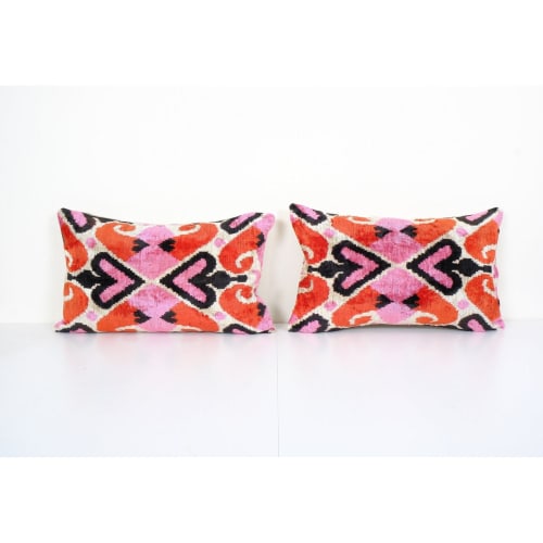 Pink Silk Ikat Velvet Pillow, Set of Two Colorful Velvet | Linens & Bedding by Vintage Pillows Store