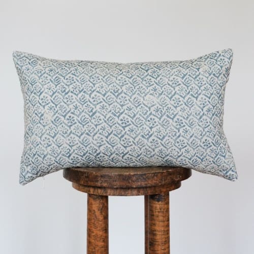Blue Floral Print on Linen Lumbar Pillow 12x20 | Pillows by Vantage Design