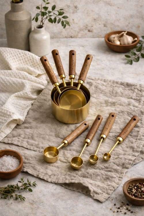 Set of 8 Acacia Wood & Gold Measuring Cups and Spoons | Cooking Utensil in Utensils by Busa Designs
