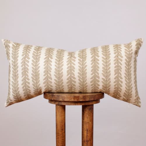 Cream Linen with Green Vine Lumbar Pillow 14x28 | Pillows by Vantage Design