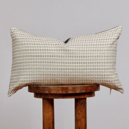 White with Woven Blue Dotted Stripes Lumbar Pillow 12x20 | Pillows by Vantage Design