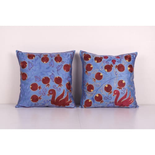 Traditional Navy Blue Silk Suzani from Uzbekistan, Set of Tw | Pillows by Vintage Pillows Store