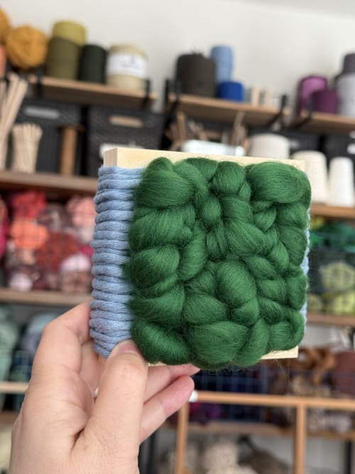 Mini Woven Tile - Blue and Green | Wall Sculpture in Wall Hangings by Mpwovenn Fiber Art by Mindy Pantuso