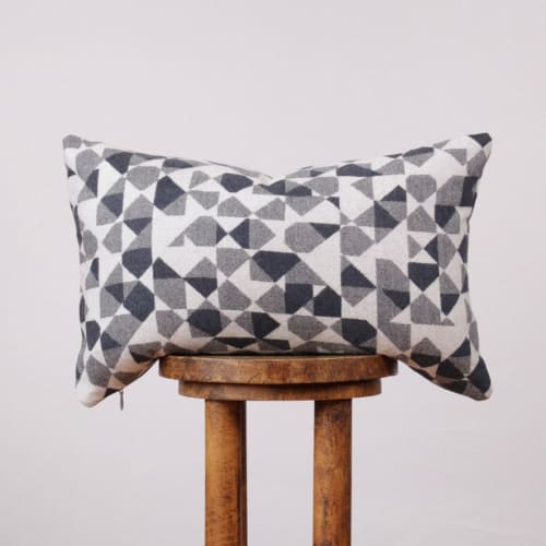 Grey & Navy Wool Geometric Pattern Lumbar Pillow 14x22 | Pillows by Vantage Design