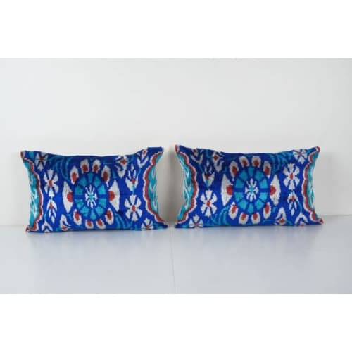 Handmade Ikat Blue Velvet Pillow - Set Silk Ikat Decorative | Pillows by Vintage Pillows Store