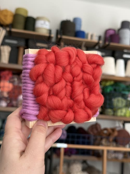 Mini Woven Tile - Purple and Coral | Wall Sculpture in Wall Hangings by Mpwovenn Fiber Art by Mindy Pantuso