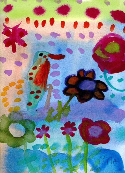 Bird in the Garden - Original Watercolor | Watercolor Painting in Paintings by Rita Winkler - "My Art, My Shop" (original watercolors by artist with Down syndrome)
