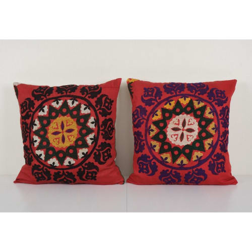 Set of Two Suzani Red Cushion Cover, Tribal Square | Linens & Bedding by Vintage Pillows Store