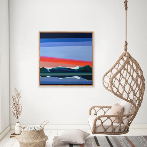 Original 40x40 Geometric Mountain Landscape | Reflection in Time by Shilo Ratner | Work by Shilo Ratner