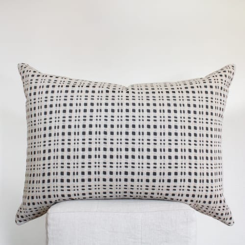 Charcoal With Beige Open Checkers Wool Pillow Set of 2 - 26x36 | Pillows by Vantage Design