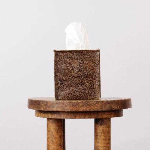 Embossed Brown Leather Single Tissue Box Cover | Storage by Vantage Design